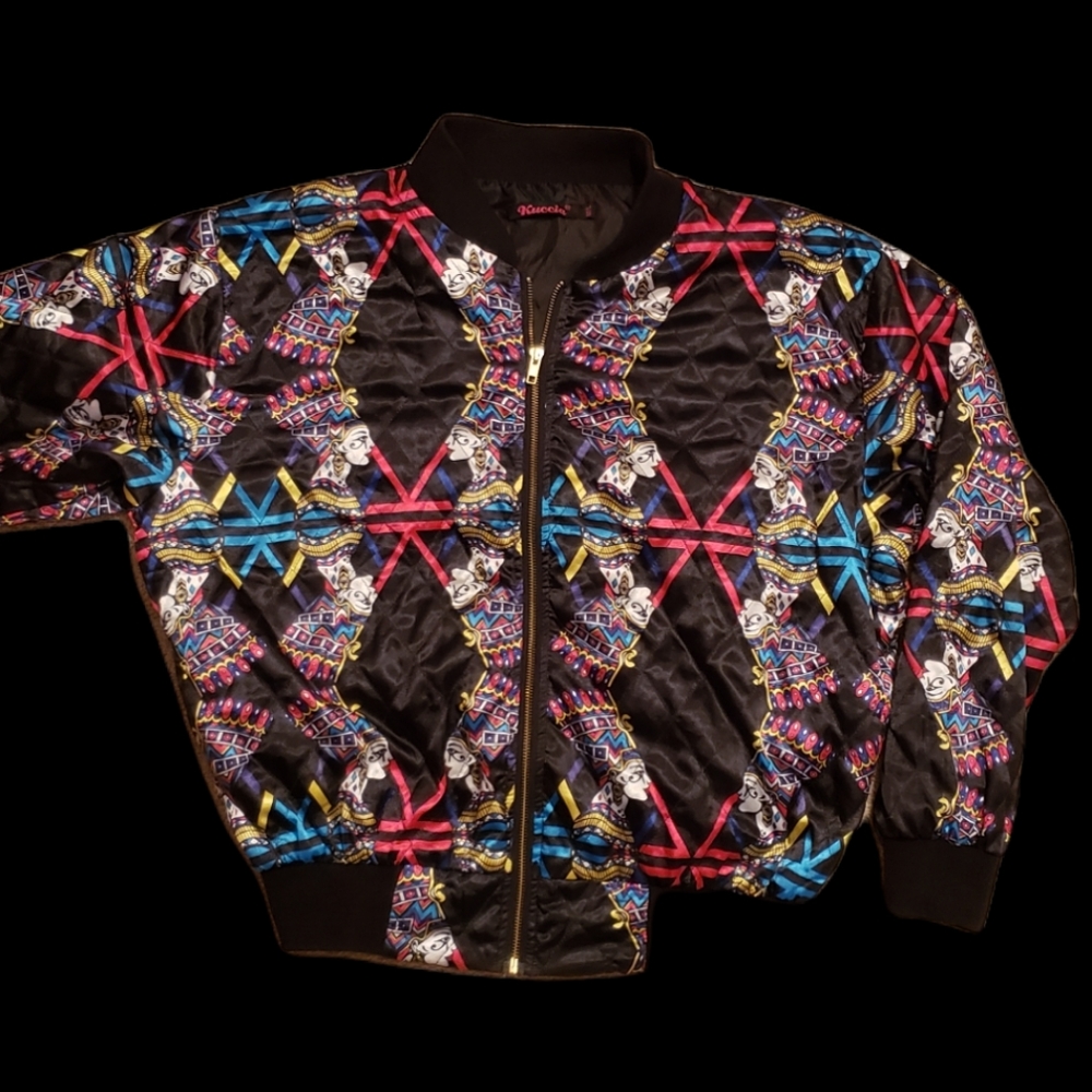 Cleopatra designs womens bomber jacket, black, queen of diamonds, Medium, Large